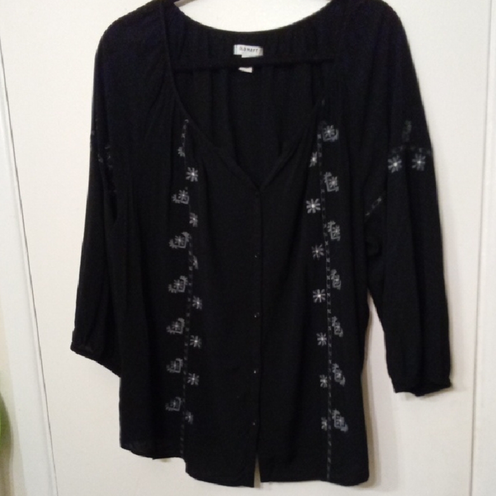 Womans XL Old Navy Black Buttoned Blouse Boho Embellished Details Cottagecore